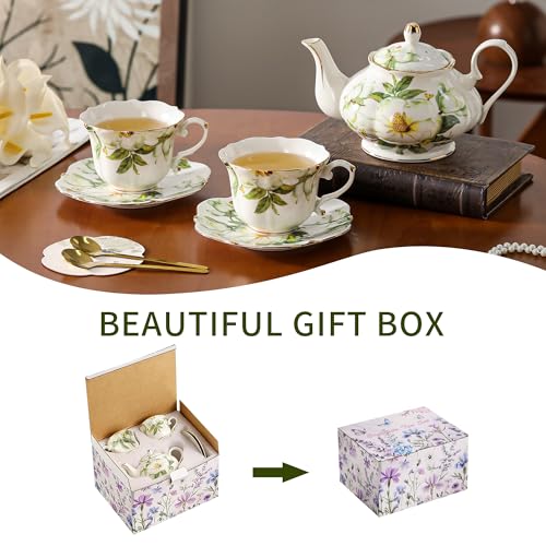 TATSUMI Country Roses Porcelain Tea Set, European Ceramic tea set for one or two,Vintage Style, For Women and Tea Parties (Green, 7 Pieces Set) - color: Green, size: 7 Pieces Set
