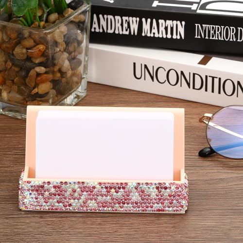 PATIKIL Business Card Holder for Desk, Rhinestone Business Card Holders Crystal Card Stand Organizer Cards Display for Office Exhibition, Pink - color: Pink