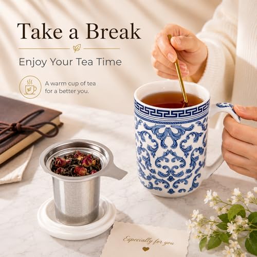 AmorArc Tea Cup With Infuser and Lid, 18oz Loose Leaf Tea Mug With Steeper - color: Classical Pattern