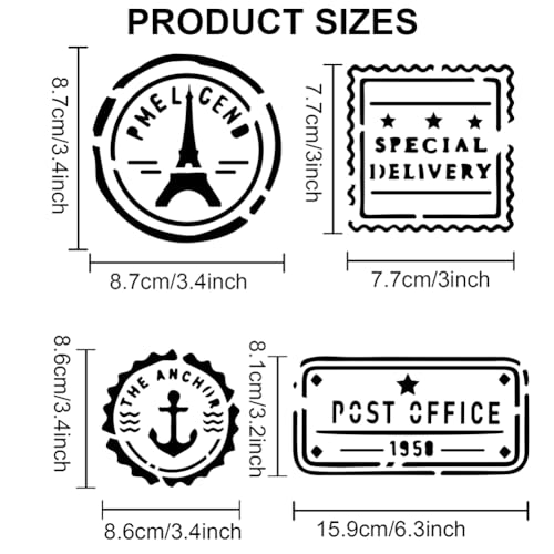MAYJOYDIY 10 Styles Postal Stencil 11.7×8.3inch Vintage Stamp Travel Seal Stencil with Paint Brush Reusable Post Office Airplane Anchor Drawing Templates for Crafts Furniture Wood Canvas Home Decor - color: Postal