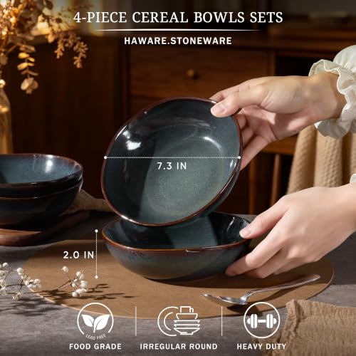 HaWare Cereal Bowls, 26oz Stoneware Serving Bowls Set of 4, for Salad Pasta - color: Reactive Moss Green