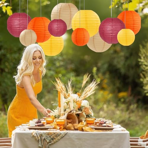 Burgundy Maroon Wine Paper Lanterns Decorative 12pcs Party Hanging Decorations for Rustic Fall Party Bridal Shower Wedding Baby Shower Graduation Anniversary Room Decor - color: Maroon,orange,yellow,brown