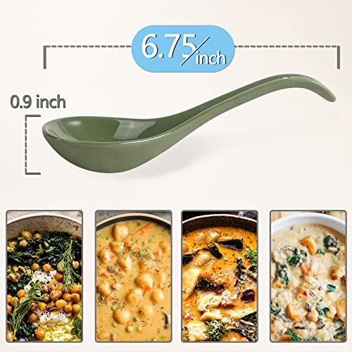 Green Ceramic Soup Spoons Set of 6, 6.75 Inch Chinese Ramen Spoons for Pho, Cereal, Noodles, Stews, Wonton, Dumpling, Miso - Deep Oval Hook Design, Dishwasher Safe - size: 6.75 inch - Green