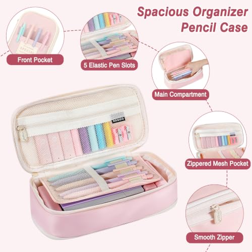 MoKo Pencil Case with Supplies, 59Pcs Aesthetic School Set, Pink - color: Pink-59P