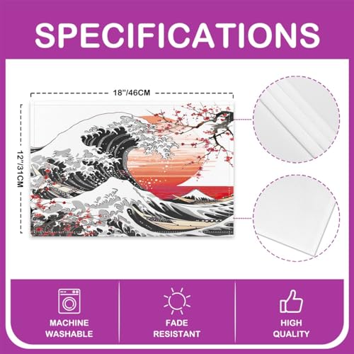 Feelyou Japanese Wave Placemats Set of 4 Cherry Blossoms Placemat for Kitchen Dining Table 18"x12" Hokusai Pattern Home Decor Table Place Mats Red Sun Japanese Style Indoor Outdoor Decor Table Mats - color: Black and Red