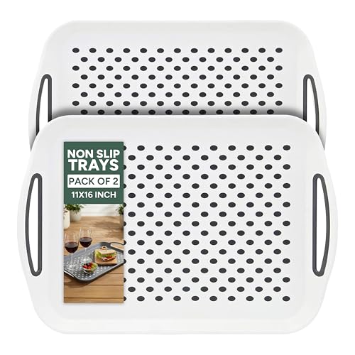 Zuvo Anti-Slip Food Serving Tray with Handles (Set of 2) – BPA-Free Plastic, Lightweight & Durable – Non-Slip Couch Trays for Eating & Drinks (White) - color: White