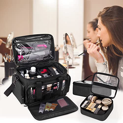 BAFASO Makeup Bag with 2 Removable Pouches and Detachable Dividers, Black - color: Black