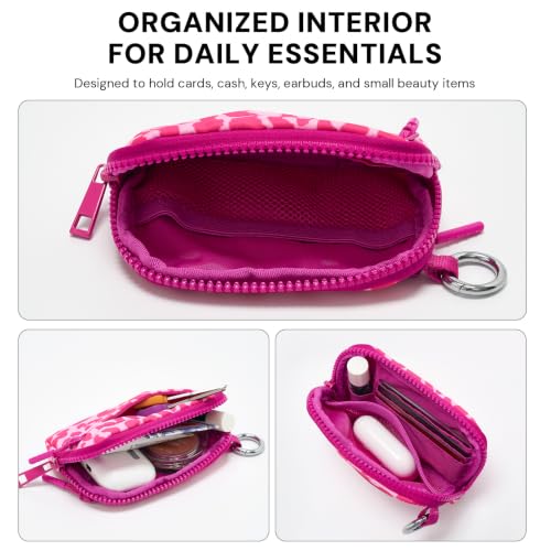 Small Wristlet Wallets for Women with Clear ID Window, Keychain Coin Purse - color: Hot Pink Leopard