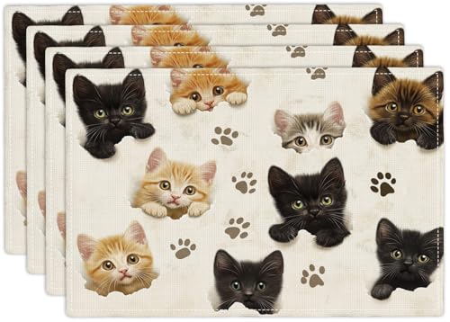Cat Placemats Set of 4, Cute Black Cats Table Mats, Animal Washable Place Mats for Coffee Bar Home Party Indoor Kitchen Dining Table Decoration 12x18 Inch - color: Cat, size: Set of 4