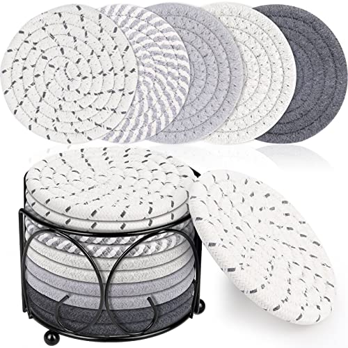 Lezmarket 10 Pcs Absorbent Drinks Coasters with Holder, 5 Colors Coasters for Drinks Absorbent, Minimalist Cotton Woven Coaster Set for Home Decor Tabletop Protection Suitable for All Cups, 4.3 inch