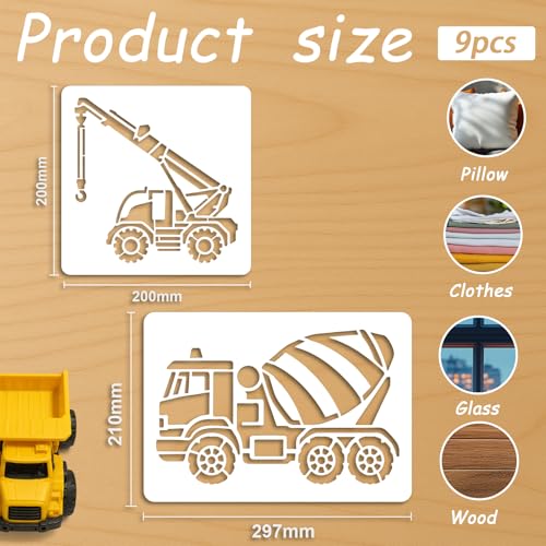 9Pcs Construction Vehicles Stencil PET Painting Templates Tractor Inlay Border Stencils for Furniture Reusable DIY Craft for Wall Wood Fabric Canvas Paper Decor - color: construction vehicle