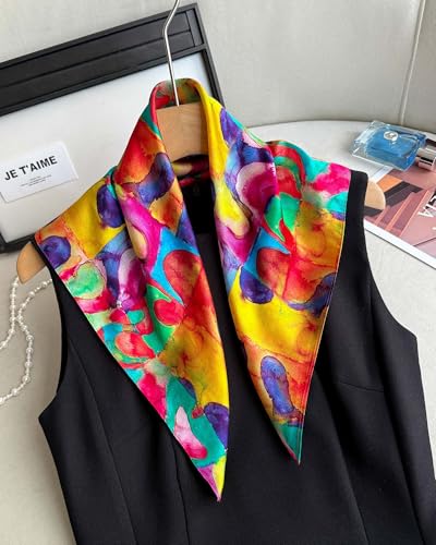 100% Mulberry Silk Scarf for Women Lightweight 21" Small Square Neck Scarf Headscarf Neckerchief Gift Packed - color: Colorful Abstract