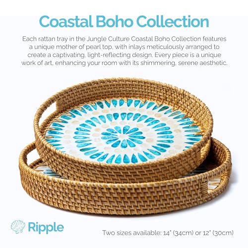 JUNGLE CULTURE Round Rattan Tray with Mother of Pearl Inlay • Ripple 12” - color: Ripple, size: 11.8"