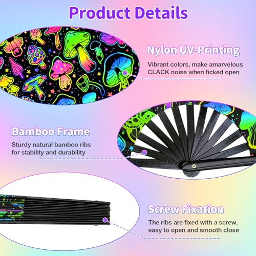 EOSAU Large UV Glow Rave Fan, Folding Hand Fans for Line Dancing, Mushrooms - color: 13" Mushrooms