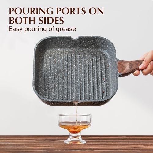 SENSARTE Nonstick Grill Pan with Lid, Grill Pan for Stove Tops, Versatile Griddle Pan with Pour Spouts, Square Grill Pan for Big Cooking Surface, Grill Skillet for Indoor Outdoor Grilling. PFOA Free - color: Gray Granite, size: 11 Inch