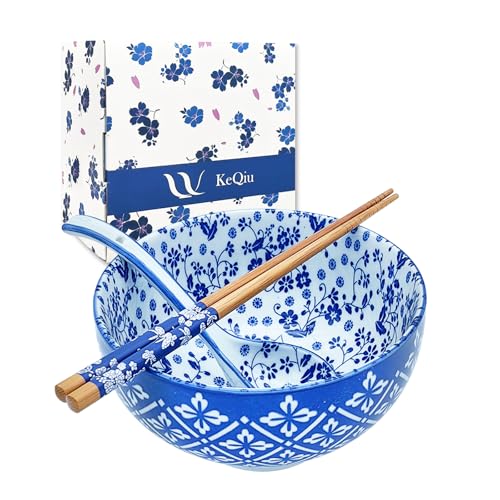 28Oz Ceramic Ramen Noodle Pho Bowl Set with Chopstick&Spoon&Gift box - size: 6in Floral Rhombic Pattern