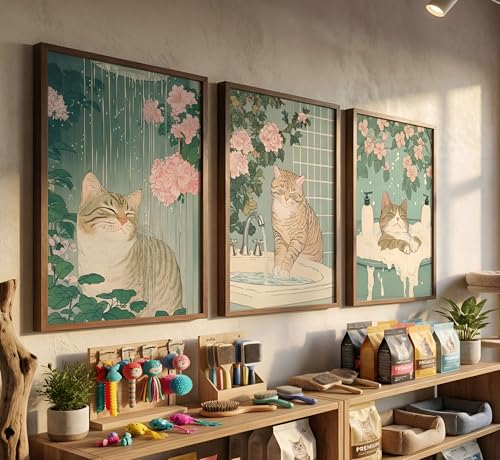 3Pcs Cute Funny Japanese bathroom Cat Canvas Wall Art plant flower Tabby Cat Posters Prints paintings Vintage Japan Toilet Wall Decor Pictures for Bathroom Toilet Home Decoration Unframed - color: Bathroom cat