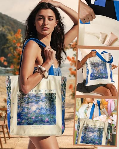 Miss Adola Aesthetic Heavy Canvas Tote Bag - with Pocket for Women Large Size 14''×16''×3.5'' Cloth Cotton Bags for Shopping - color: Water Lily