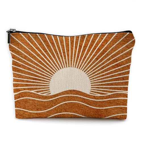 Abstract Boho Sun Sunlight Makeup Bag, Retro Mid Century Modern Burn Orange Boho Sunset Sunrise Cosmetic Bags Toiletry Bag Makeup Pouch - color: Boho - Sun