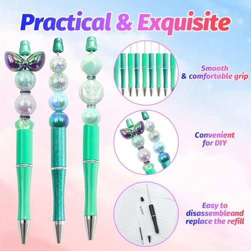 150 Pieces DIY Beadable Pen Kit – 50 Plastic Ballpoint Pens with Refills & Bags – School Supplies, Office Accessories & Decorative Items for Students & Teachers (Cyan) - color: Cyan, size: 50