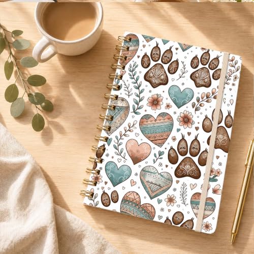 Boho Heart Lined Spiral Notebook, Pretty Hardcover Journal 6'' x 8.4'', Cute Notebook for Women, Work, Writing, Note Taking Gift - color: paws