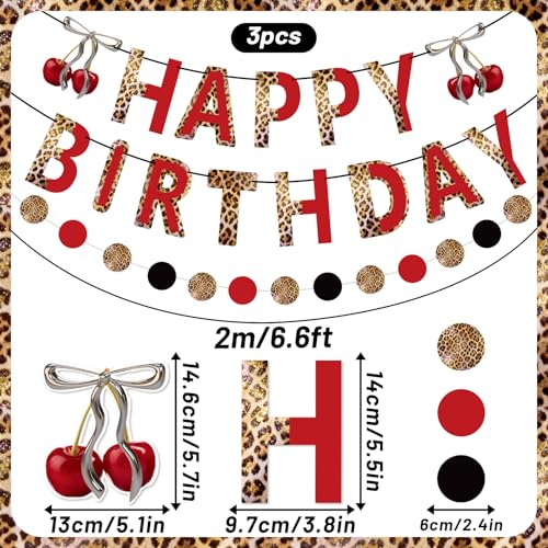 Paper Jazz Leopard Print Birthday Decorations, 11Pcs Cheetah Party Banner with Cherry & Red Accents Swirl for Animal Print Themed Party, Cherry Decorations Supplies for Happy Birthday - color: Leopard print