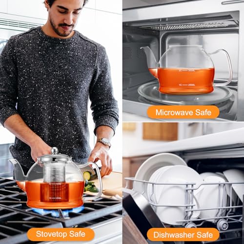 STNTUS Glass Teapot With Infuser, 27 oz / 800 ml for Loose Tea, Stainless Steel Strainer Teapots, Stovetop Safe - size: 800ml/27oz