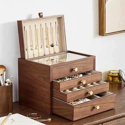 Walnut Wooden Women Jewelry Box with Pull-out Necklace Storage - style: 4 Layer B