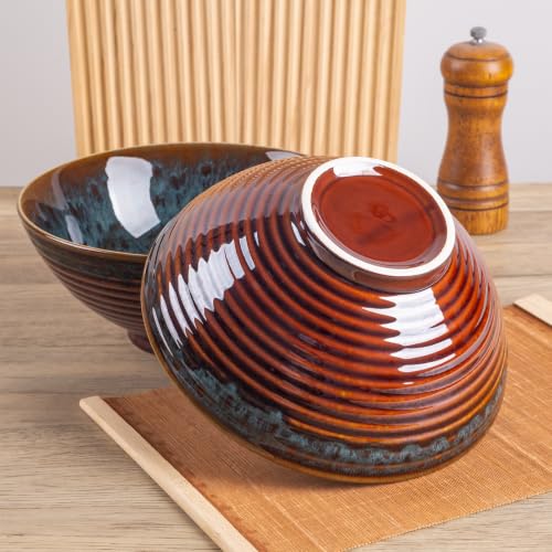 40oz Japanese Ceramic Ramen Bowl Set of 2 with Chopsticks and Spoons for Pho Udon Asian Soup Noodles (Peacock Tail) - color: Peacock Tail