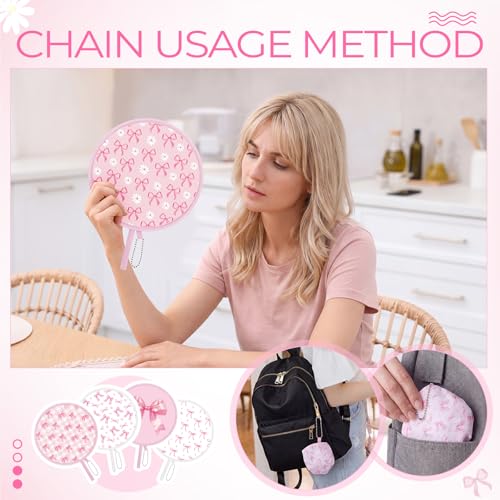 AceOrbit 24 Pcs Pink Bow Round Foldable Hand Fans Bulk 8 Style Coquette Japanese Foldable Fan Pop up Round Handheld Cooling Fan with Pouch for Women Bachelorette Birthday Bridal Party Favor Decoration - style: Pink Bow