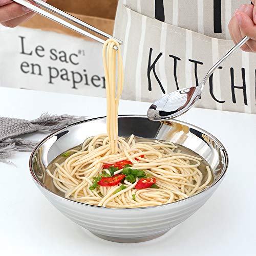 Stainless Steel Ramen Bowl Set, 7.8 Inch Double-Wall Noodle Bowls with Chopsticks Spoons & Chopstick Rests, Modern Soup Dining Bowl for Ramen Pho Salad, Pack of 2, Dishwasher Safe - color: Silver