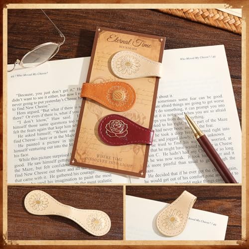 3PCS Vintage Magnetic Leather Bookmark, Leather Magnetic Bookmarks for Women, Magnetic PU Bookmarks Clip Book Accessories, Gilded Flower - style: Gilded Flower
