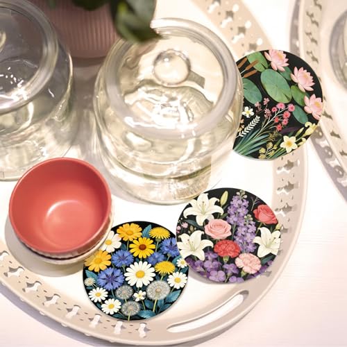 Flower Arrangement Coasters for Drinks with Holder Set of 6, Floral Absorbent Cork Coaster for Cup Desk Office Table Kitchen Decor House Warming Gifts for New Home Couples, Round 4" - color: Flower