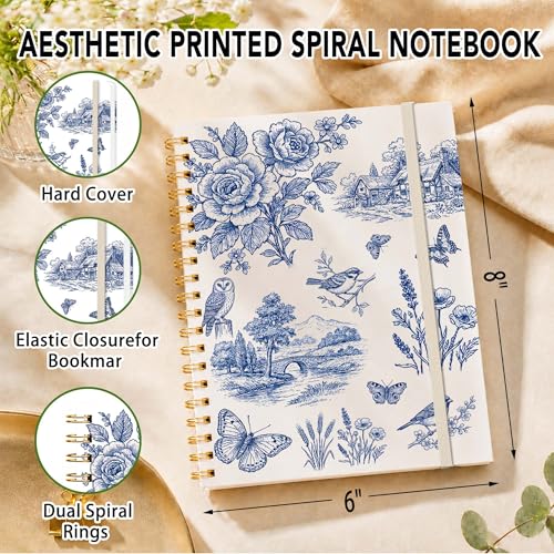 Lined Spiral Notebook, Pretty Hardcover Notebooks 6''x 8.4'', Bible Journal, Notebook for Work, Note Taking, Journaling, Writing, Gift for Women Girls, French Blue Toile - color: blue toile