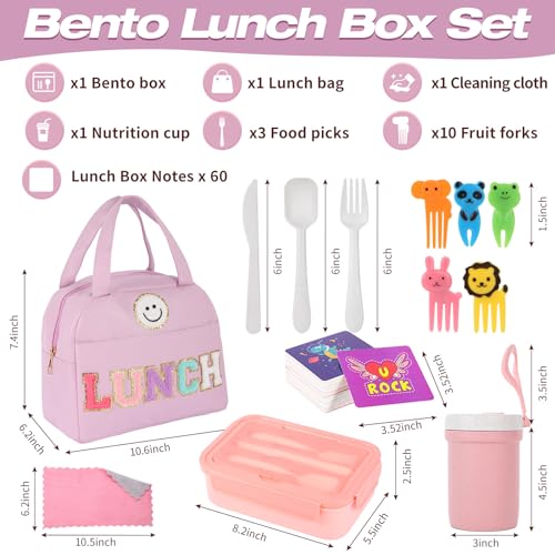 77 Pieces Bento Box Lunch Box Kit Large Pink Insulated Lunch Bag 3 Layer Stackable Leakproof Lunch Box Containers with Cup,Lunch Bag,Spoon,Fork,60 Pieces Lunch Box Notes for Girl Women (Purple) - color: Purple