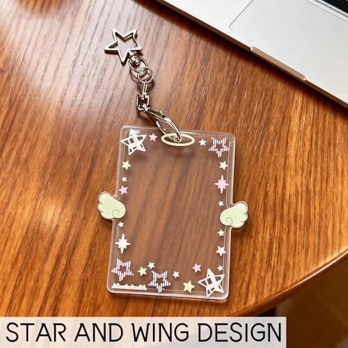 2 Pieces Star Wing-Shaped Photocard Holder Keychain - Clear Acrylic Protective Sleeve for ID, Bus, Student Card (Blue,Green)