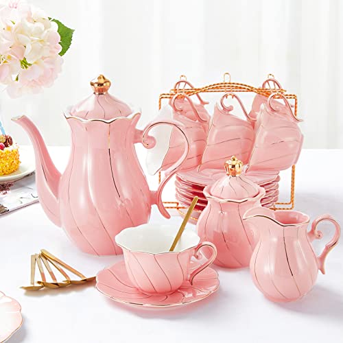 DUJUST 22 pcs Porcelain Tea Set for 6, Luxury British Style Tea/Coffee Cup Set with Golden Trim, Beautiful Tea Set for Women, Tea Party Set, Gift Package (With a Stand) - Pink - color: Princess Pink