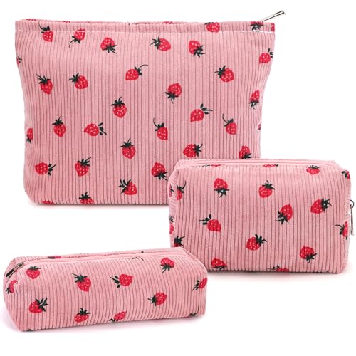 3 Pcs Makeup Bag Cosmetic Bag Set for Girls Women Travel Organizer Bathroom Toiletry Pouch Large Capacity Storage Bag (Strawberry Pink) - color: Strawberry Pink