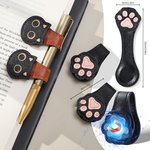 Ovesmusl 2Pcs PU Leather Paw Magnetic Bookmarks with Pen Holder - style: Paw (Black+Black)