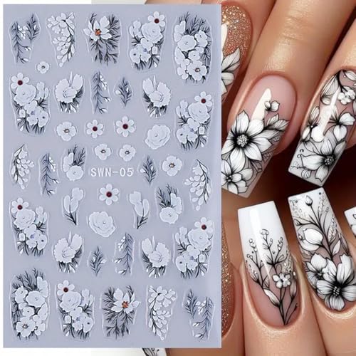 Flower Nail Art Stickers Decals 5D Embossed White Flowers Nail Decals 4PCS Floral Leaf Nails Design Adhesive Flower Stickers for Nails Manicure Accessories for Women Summer Fall Nail Art Decorations - style: style3