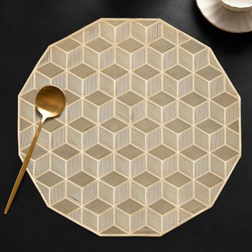 Quantum Love Round Placemats Gold Cube Metallic Set of 6 Vinyl Hollow Placemats 15 Inch, Wipeable Non Slip Stain Washable Easy Clean Heat Resistant Dining Table Place Mats for Wedding Party Decoration - color: Gold Cube