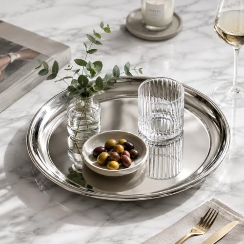 2-Piece Stainless Steel Serving Tray Set, Round Metal Platters with Mirror Finish, 13.25" & 11.75" Food Grade Serving Trays for Appetizers, Drinks, Coffee Table, Decorative Tray