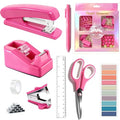 Dimonluce Hot Pink Desk Accessories, Hot Pink Office Supplies Accessories with Tape Dispenser, Stapler, Staple Remover, 1000 Staples, Tape, Clips Set, Ruler, Scissor, Pen - color: Hot Pink