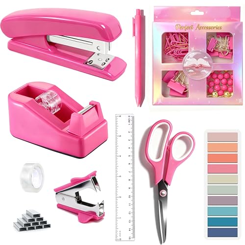 Dimonluce Hot Pink Desk Accessories, Hot Pink Office Supplies Accessories with Tape Dispenser, Stapler, Staple Remover, 1000 Staples, Tape, Clips Set, Ruler, Scissor, Pen - color: Hot Pink