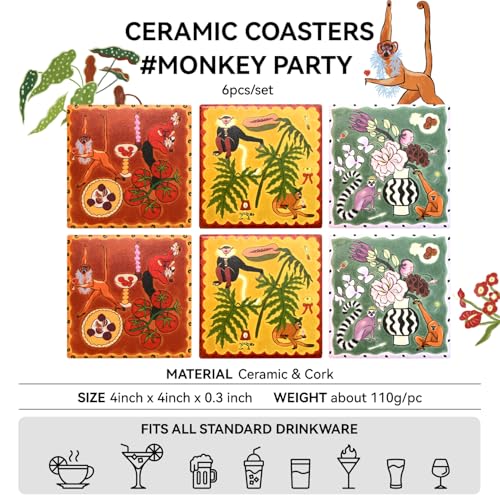 SAMCAM Bar Coasters Set of 6, 4inch Absorbent Drink Coasters with Ceramic Surface and Cork Base, Monkey Theme Art Coaster Set for Bar Cafe Kitchen Decor, Gift for Men, Art Lovers and Housewarming