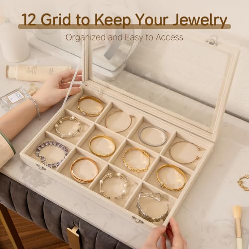 Frebeauty 12 Grid Bracelet Holder Box,Velvet Jewelry Tray with Clear Lid - color: Beige, size: 12 Grid