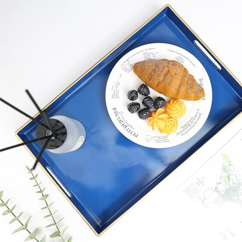 Spsyrine Blue Decorative Serving Tray with Handles, Elegant Plastic Coffee Table Tray for Ottoman, Living Room, Home Decor 15.6" X 10.2" - color: Navy Blue