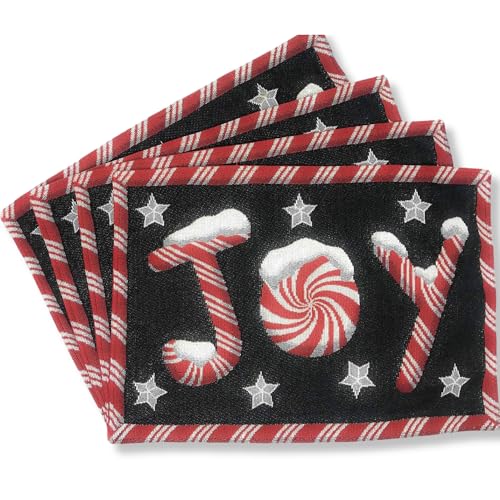 DaDa Bedding Starry Peppermint Joy Placemats - Set of 4 Festive Christmas Winter Holiday Tapestry - Red Black & White Cotton Linen Woven Yueltide Dining Table Mats - 13” x 19” (12904) - color: Joy
