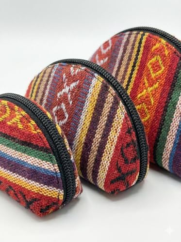 Set of 3 Handmade Boho Coin Purses – Cotton & Hemp Zip Pouches | Small Travel Wallets for Coins, Keys & Cards | Ethnic Pattern Mini Bags (3 Sizes) (Red) - color: Red
