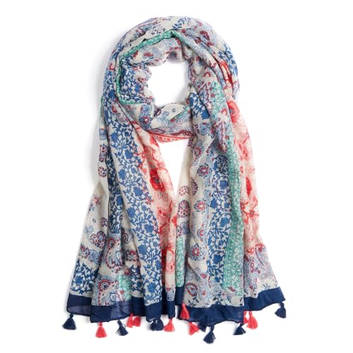 QIUTIMIY Scarf for Women Lightweight Soft Floral Leopard Printed Scarves Fall Winter Fashion Shawl Wrap with Fringe - color: Flower-blue Orange